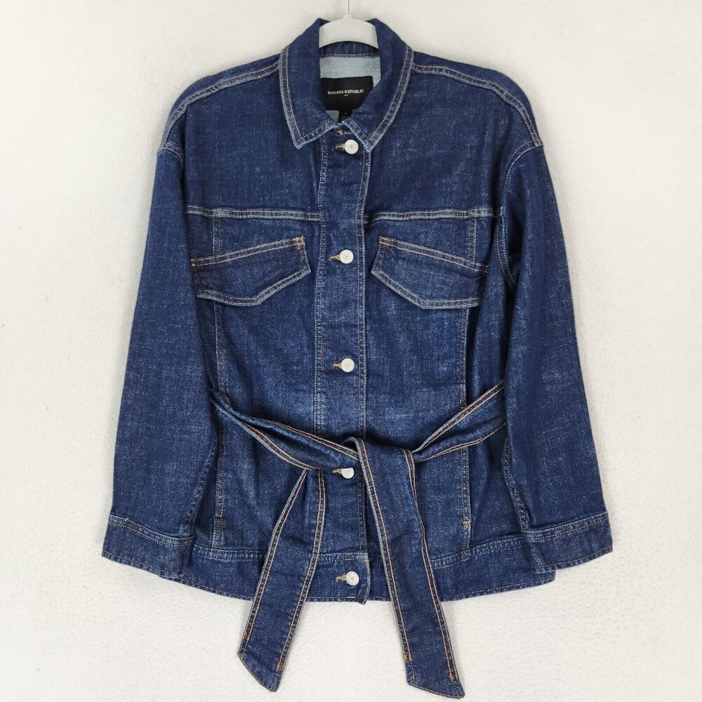 Banana Republic Jacket Womens Small Blue Denim Belted Dark Wash Jean Casual
